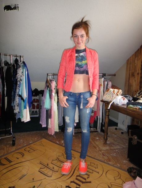 Likable girl Emma Stoned in leggings lets man take pictures of tiny titties