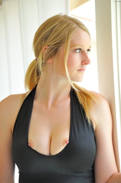 Adorable blonde Summer reveals her cunt and asshole before toying herself