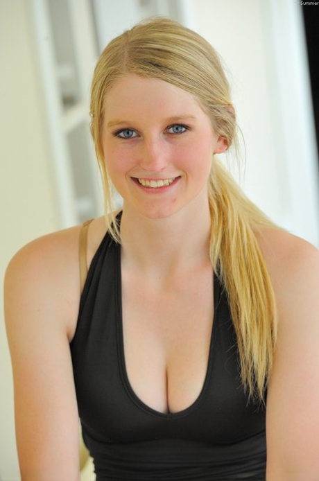 Adorable blonde Summer reveals her cunt and asshole before toying herself