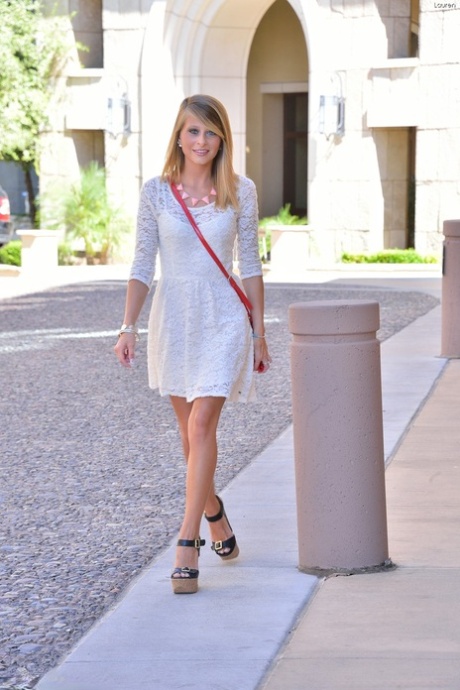 Blonde Lauren strips her dress & teases with her ass with tan lines in public