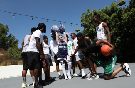 Young adult cheerleader Arietta Adams gets nailed in an interracial gangbang