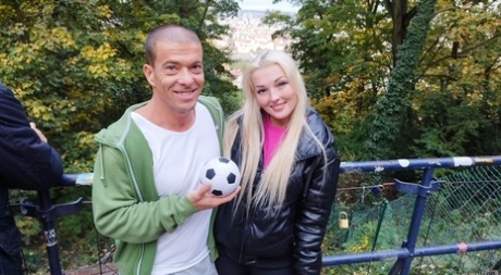 Blonde young adult Lovita Fate participates in MMF intimacy with older guys