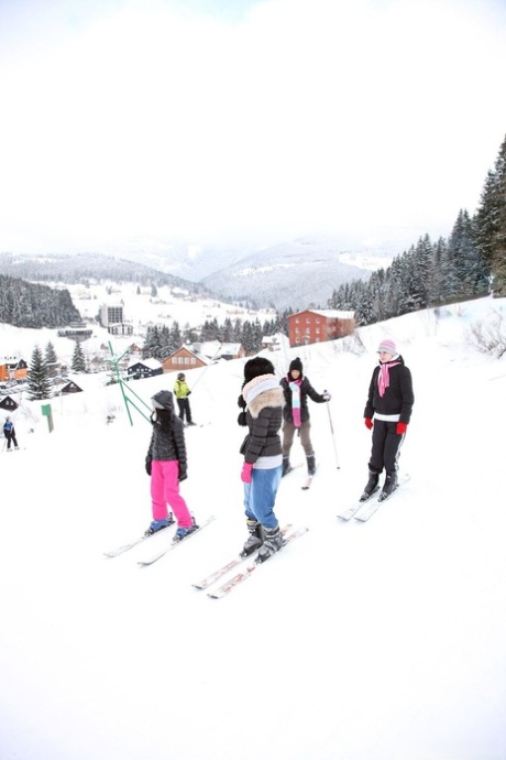 Lesbians Linda O, Betty K, Nicoletta H & Lilly P strip & passionate after skiing