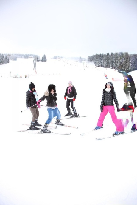 Lesbians Linda O, Betty K, Nicoletta H & Lilly P strip & passionate after skiing