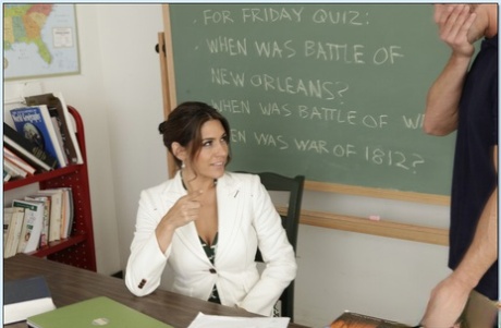 Adorable latina teacher with big breasts gives a oral pleasure and gets fucked