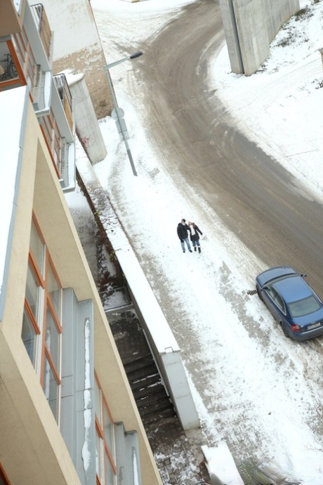 Young girl with beautiful breasts gets banged inside on a cold winter day