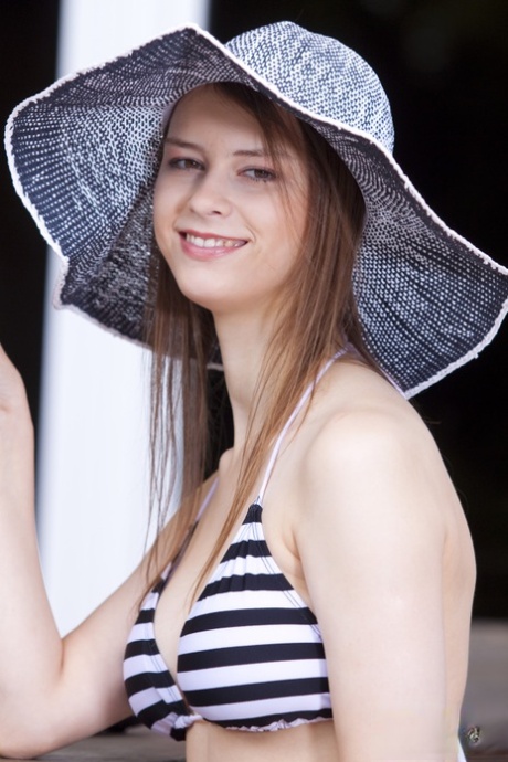 Alluring young girl squatting natural for oldman ball licking session outdoors