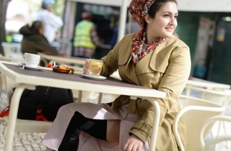 Cute authentic mom Lili flashes her muff as she poses pantyless in public