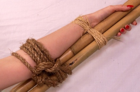 Busty blonde is tied natural and spread eagle style to a bamboo frame