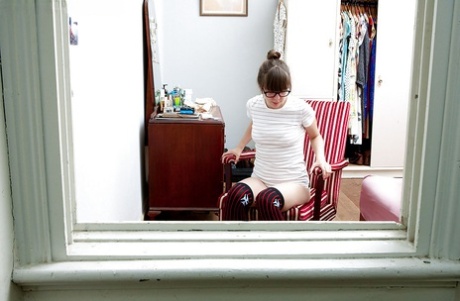 Nerdy authentic in long socks and white panties flashes hairy cunt