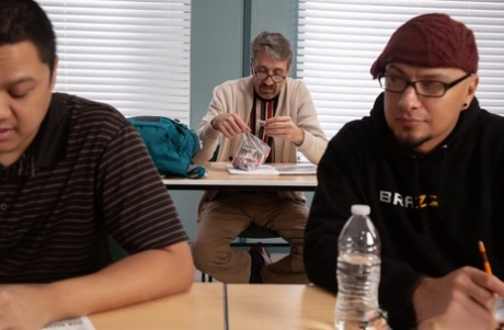 Lusty teacher Bella Rolland drops her skirt and gets rammed in the classroom