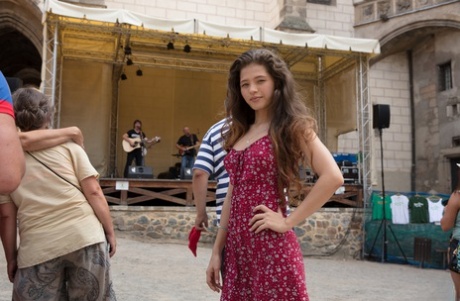 Tiny young adult Irene Rouse flashes no panty up skirts while visiting Prague