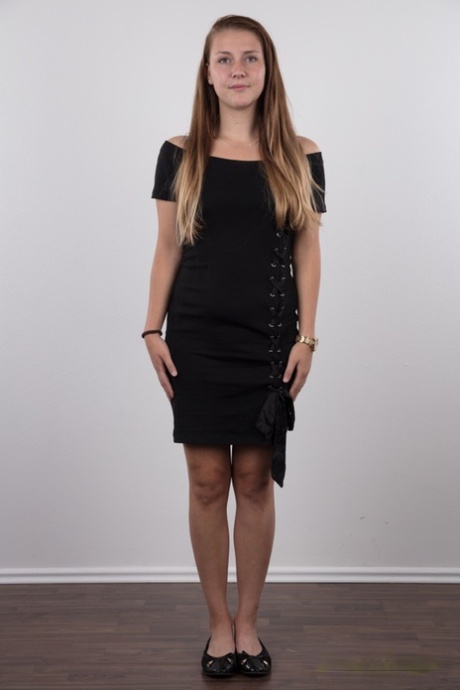 18 year old first timer stands natural after her dress and lingerie is removed