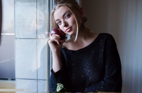 Erotic young Daniel Sea strips at her desk to spread her long legs wide open