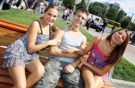 Authentic girls share a climax kiss after having 3some in woods with a stranger