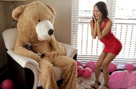 Young Asian girl Jasmine Grey rides costume wearing dude's long penis