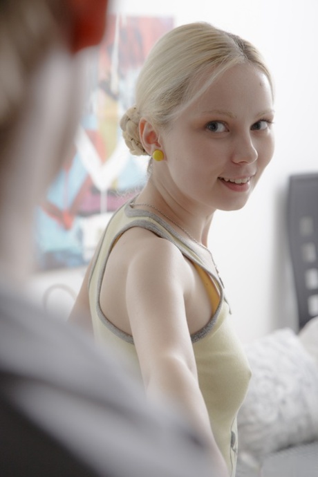 Slim blonde Mirta rides a guy's dong after getting picked up in her bedroom