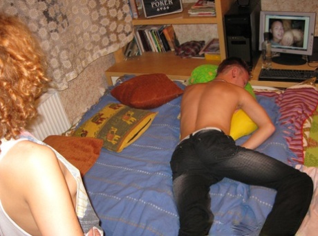 Curly haired young adult gets boned and jizzed in front of her handcuffed cuckold