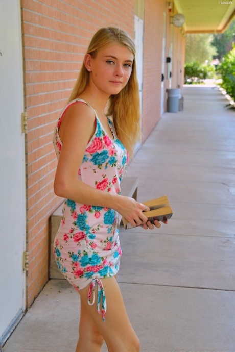 Slim blonde young adult Hannah exposes her shaved cunt and curves in public