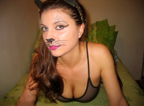 Brunette chick Lory dons cat girl attire before delivering a POV blowjob