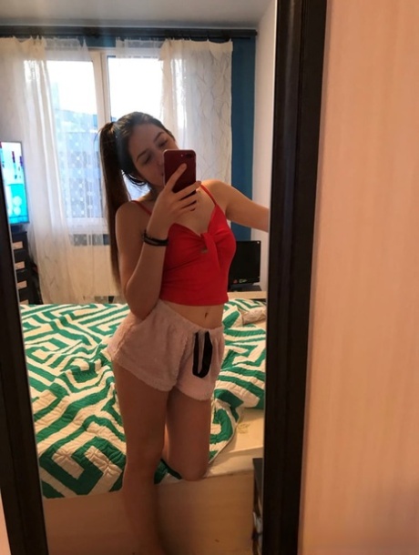 Amateur honey with small tits posing naked in front of a mirror