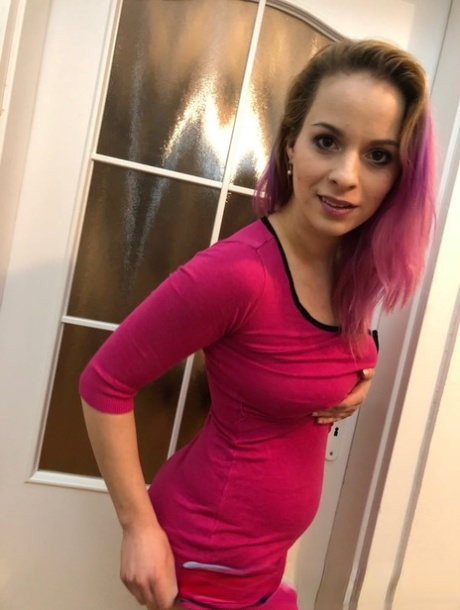 Pink-haired amateur shows her big tits & spreads her hot shaved cunt up close