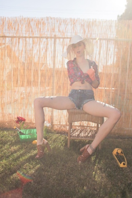 Sweet young adult Haley Reed twisting her muff and pissing at the backyard