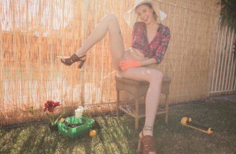 Sweet young adult Haley Reed twisting her muff and pissing at the backyard