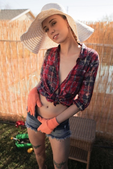 Sweet young adult Haley Reed twisting her muff and pissing at the backyard